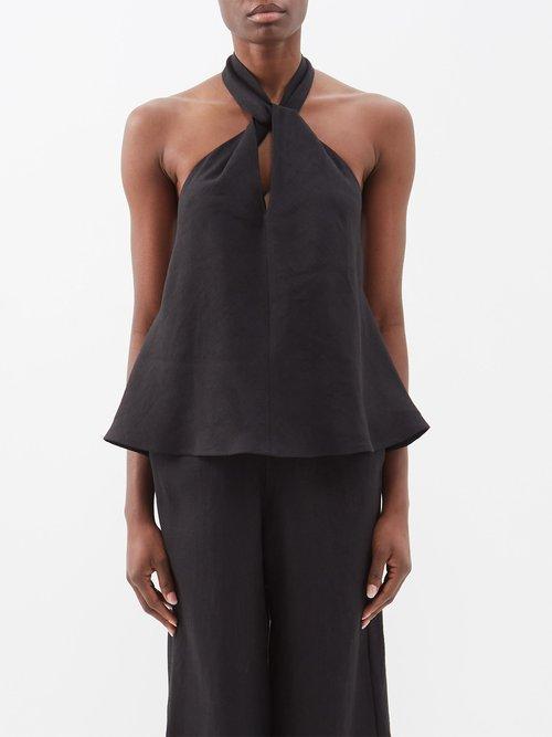 Casa Raki - Luna Organic-linen Halterneck Top - Womens - Black