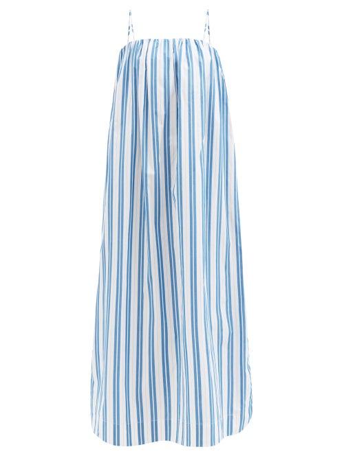 Ladies Rtw Ganni - Square-neck Striped Organic-cotton Midi Dress - Womens - Blue White