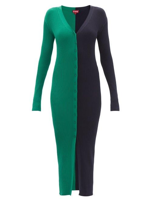 Ladies Rtw Staud - Shoko Buttoned Ribbed-knit Dress - Womens - Green Navy