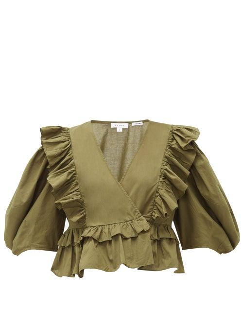 Matchesfashion.com Rhode - Elodie Ruffle-trimmed Cotton-voile Blouse - Womens - Dark Green