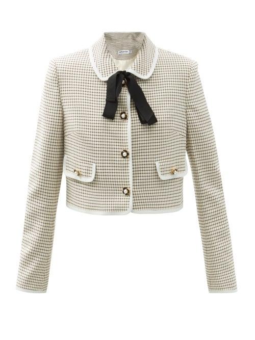 Ladies Rtw Self-portrait - Faux-pearl Button Checked Twill Jacket - Womens - Beige Multi