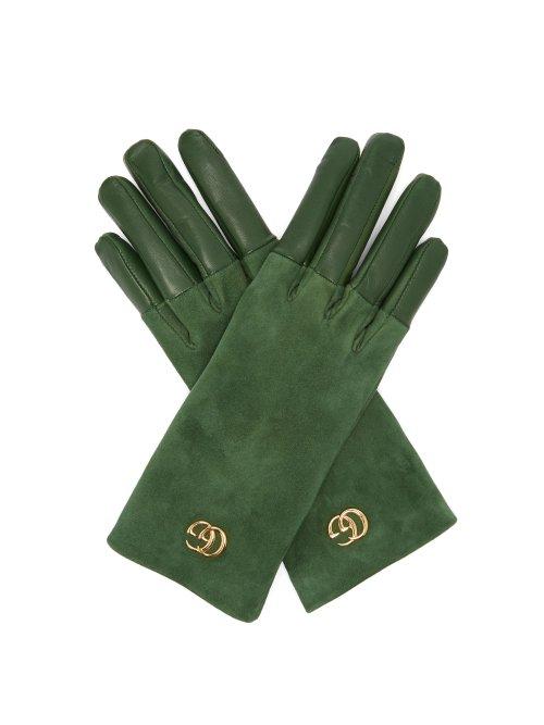 Matchesfashion.com Gucci - Gg Plaque Suede And Leather Gloves - Womens - Green