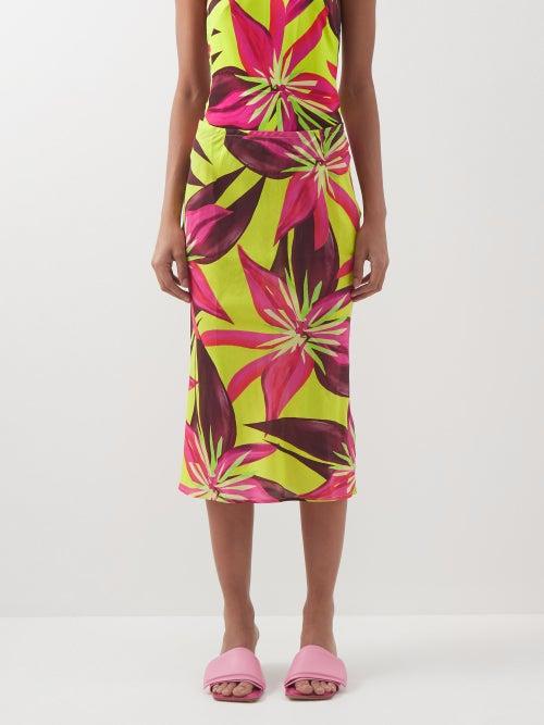 Louisa Ballou - Orchid-print Cotton-blend Midi Skirt - Womens - Yellow Pink
