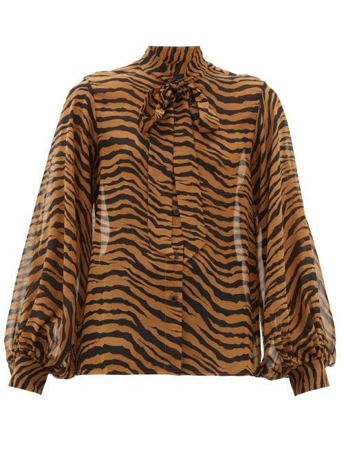Matchesfashion.com Nili Lotan - Monica Tiger Print Pussy Bow Silk Blouse - Womens - Black Brown
