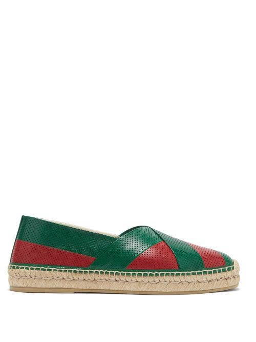 Matchesfashion.com Gucci - Web-striped Perforated-leather Espadrilles - Mens - Green Multi