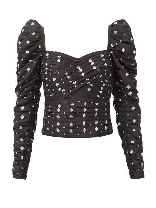Self-portrait - Sequinned Ruched-taffeta Top - Womens - Black Multi