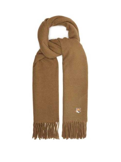 Matchesfashion.com Maison Kitsun - Fox Head-appliqu Fringed Wool Scarf - Mens - Beige