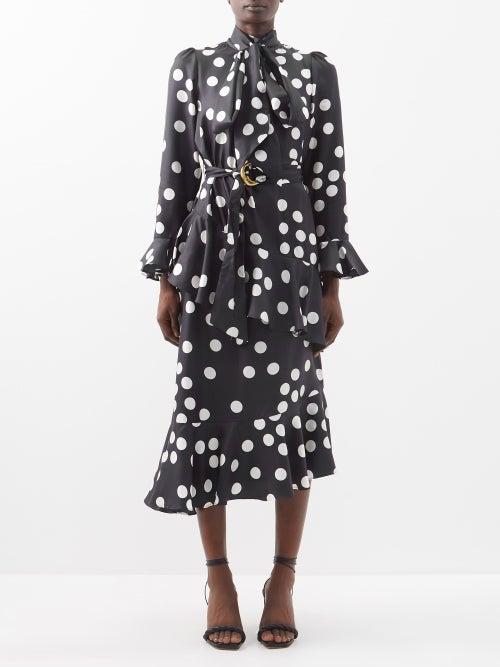 Zimmermann - Confetti Pussy-bow Silk Midi Dress - Womens - Black Cream