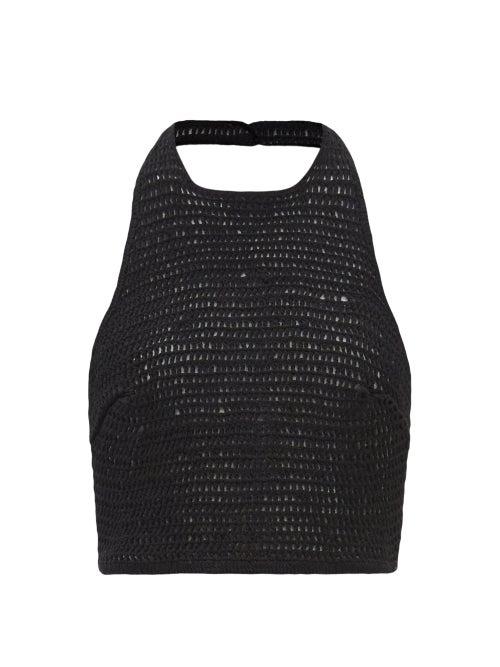 Albus Lumen - Lorem Halterneck Cotton-crochet Cropped Top - Womens - Black