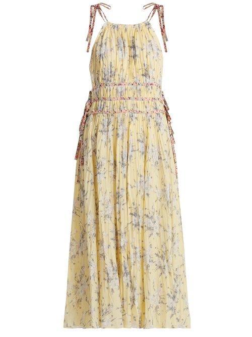 Matchesfashion.com Rebecca Taylor - Halterneck Floral Print Cotton Blend Dress - Womens - Yellow Print
