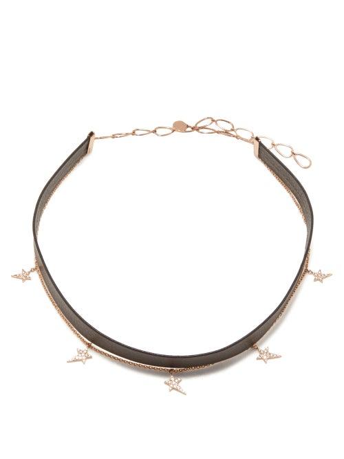 Diane Kordas - Diamond, 18kt Gold & Leather Choker Necklace - Womens - Black Gold