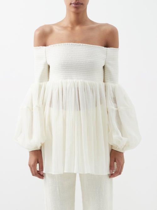 Chlo - Off-the-shoulder Shirred Wool-gauze Top - Womens - Cream