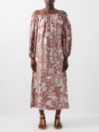 D'ascoli - Kubu Off-the-shoulder Floral Silk-twill Dress - Womens - Brown Multi