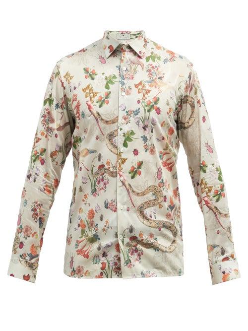 Mens Rtw Etro - Floral-print Cotton-poplin Shirt - Mens - Grey Multi