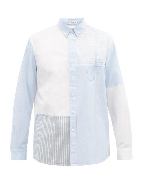 Matchesfashion.com Jw Anderson - Logo-embroidered Patchwork Cotton Shirt - Mens - Light Blue