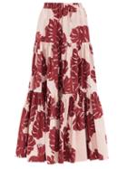 Ladies Beachwear La Doublej - Big Tiered Monstera-print Cotton-poplin Skirt - Womens - Pink Print