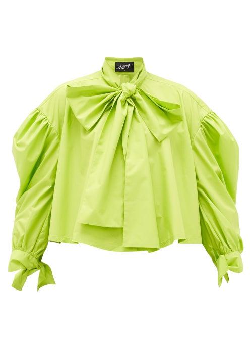 Matchesfashion.com Elzinga - Pussy-bow Balloon-sleeved Technical-poplin Blouse - Womens - Green