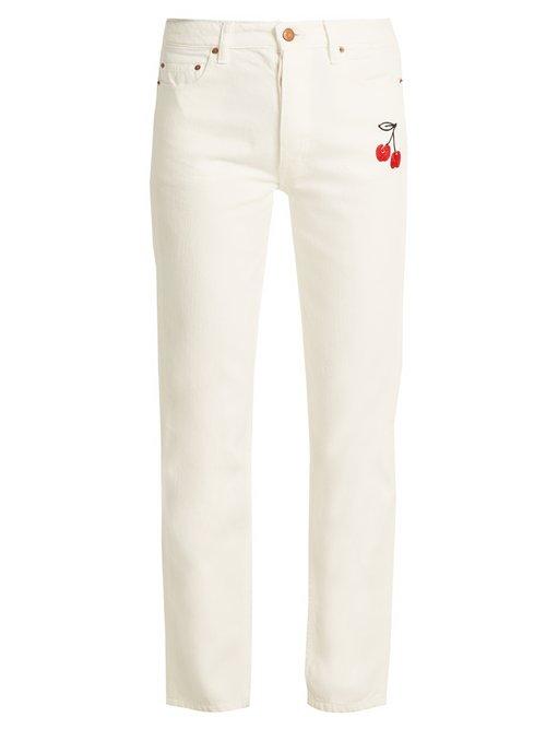Matchesfashion.com Bliss And Mischief - Cherry Embroidered High Rise Straight Leg Jeans - Womens - Ivory