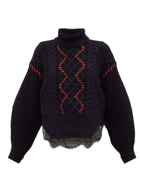 Matchesfashion.com Self-portrait - Chunky Lace Trim Cotton Blend Sweater - Womens - Navy