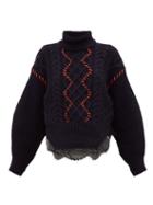 Matchesfashion.com Self-portrait - Chunky Lace Trim Cotton Blend Sweater - Womens - Navy