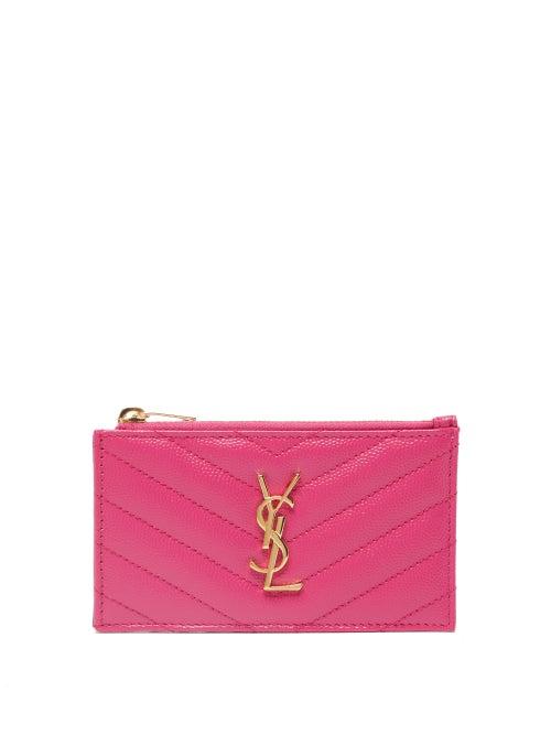 Saint Laurent - Ysl-plaque Zipped Quilted-leather Cardholder - Womens - Fuchsia