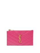 Saint Laurent - Ysl-plaque Zipped Quilted-leather Cardholder - Womens - Fuchsia