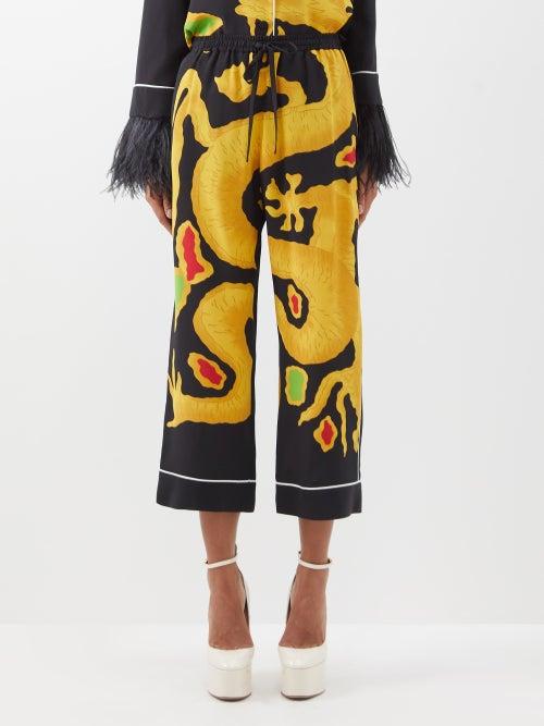 Valentino - Cropped Dragon-print Silk Crepe De-chine Trousers - Womens - Black Multi