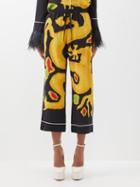 Valentino - Cropped Dragon-print Silk Crepe De-chine Trousers - Womens - Black Multi