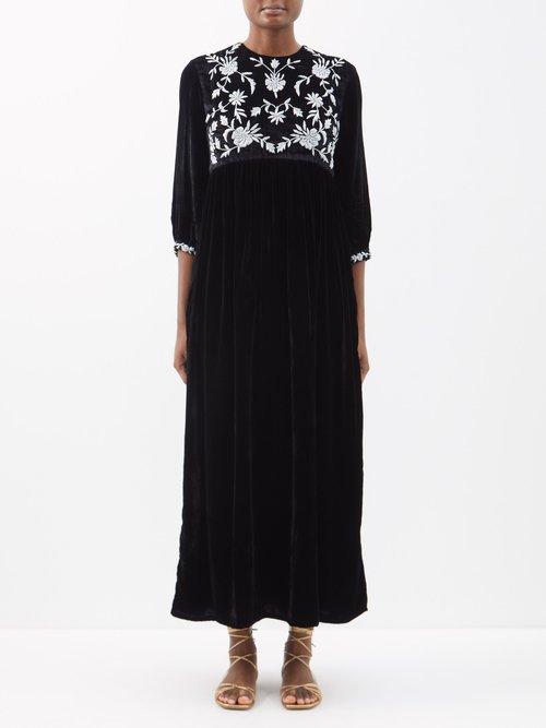 Muzungu Sisters - Touba Floral-embroidered Velvet Dress - Womens - Black