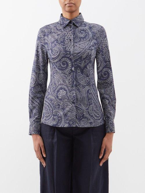 Etro - Paisley-print Cotton-blend Shirt - Womens - Navy