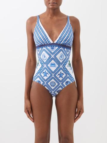 Mary Katrantzou Mary-mare - Ibiza Shell And Sealife-print Swimsuit - Womens - Blue Print