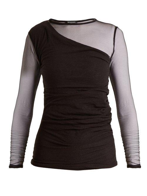 Matchesfashion.com Balmain - Asymmetric Front Semi Sheer Top - Womens - Black