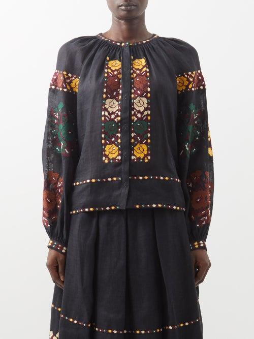 Vita Kin - Kristinka Embroidered Linen Blouse - Womens - Black Multi