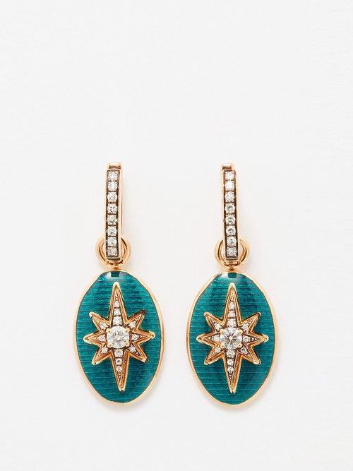 Selim Mouzannar - Aida Diamond, Enamel & 18kt Rose Gold Earrings - Womens - Green Multi