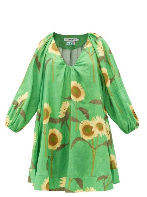 Bernadette - Georgette Sunflower-print Linen Smock Dress - Womens - Green Multi