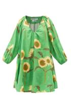 Bernadette - Georgette Sunflower-print Linen Smock Dress - Womens - Green Multi
