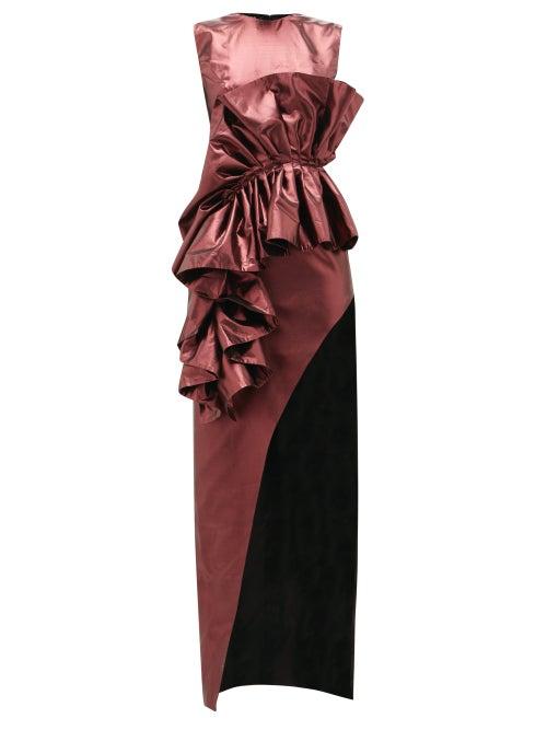 Matchesfashion.com Germanier - Ruffled Upcycled-lam Dress - Womens - Burgundy