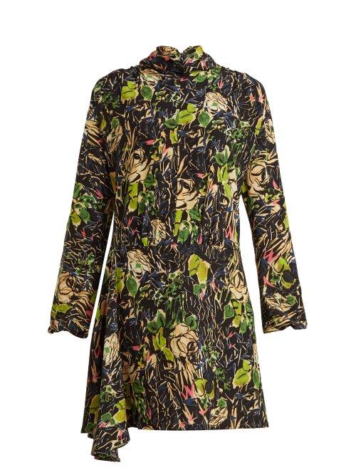 Matchesfashion.com Prada - Marocaine Rose Print Tie Neck Silk Dress - Womens - Yellow Print