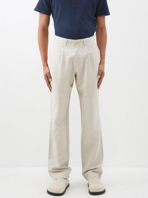 Oliver Spencer - Pleated Linen-blend Herringbone Trousers - Mens - Cream