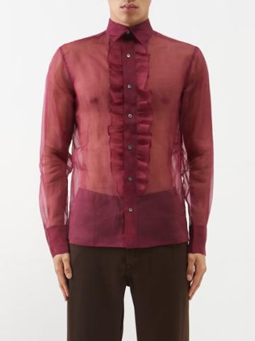 73 London - Ruffled-placket Semi-sheer Silk Shirt - Mens - Red