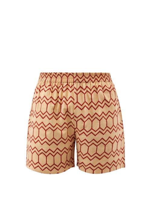 Harago - Block-printed Cotton Shorts - Mens - Cream Multi