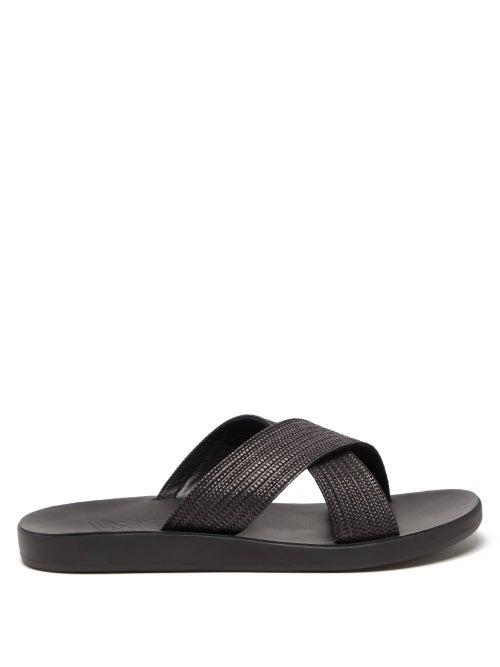 Mens Shoes Ancient Greek Sandals - Kritonas Woven-raffia Crossover Slides - Mens - Black