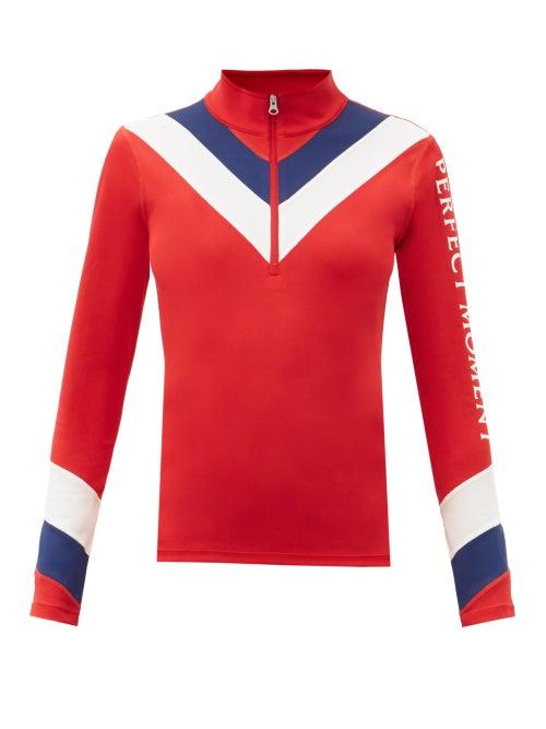 Matchesfashion.com Perfect Moment - Chevron-striped Quarter-zip Thermal Top - Womens - Red