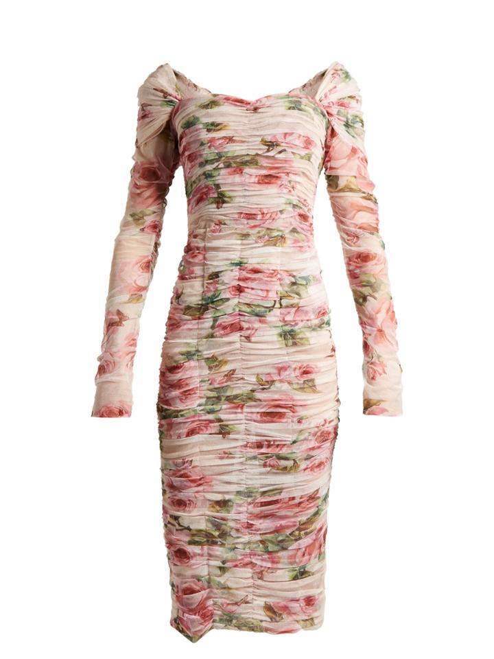 Dolce & Gabbana Rose-print Ruched-tulle Dress
