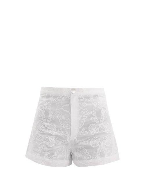 Matchesfashion.com Le Sirenuse, Positano - Alma Floral Embroidered Cotton Shorts - Womens - White