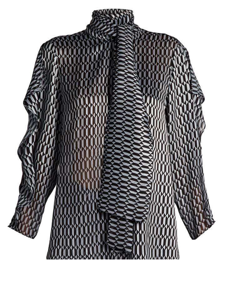 Fendi Puzzle-print Tie-neck Silk-blend Blouse