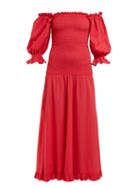 Matchesfashion.com Rhode Resort - Eva Smocked Off The Shoulder Cotton Dress - Womens - Red
