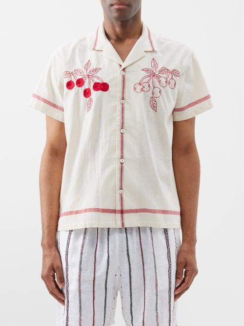 Harago - Antique Cherry-embroidered Cotton Shirt - Mens - Cream Multi