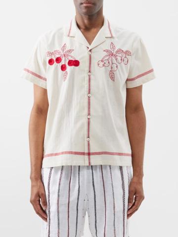 Harago - Antique Cherry-embroidered Cotton Shirt - Mens - Cream Multi