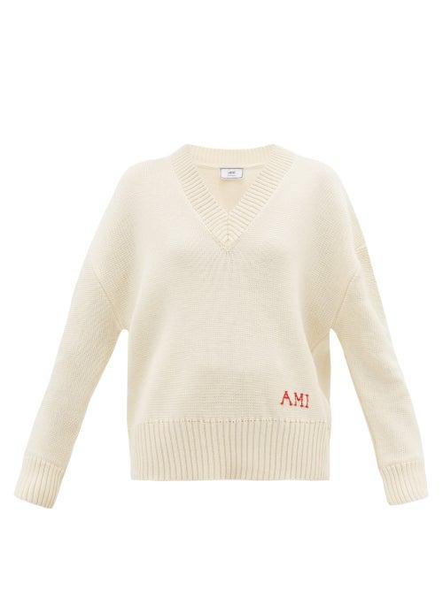 Matchesfashion.com Ami - V Neck Woven Logo Wool Sweater - Womens - Ivory